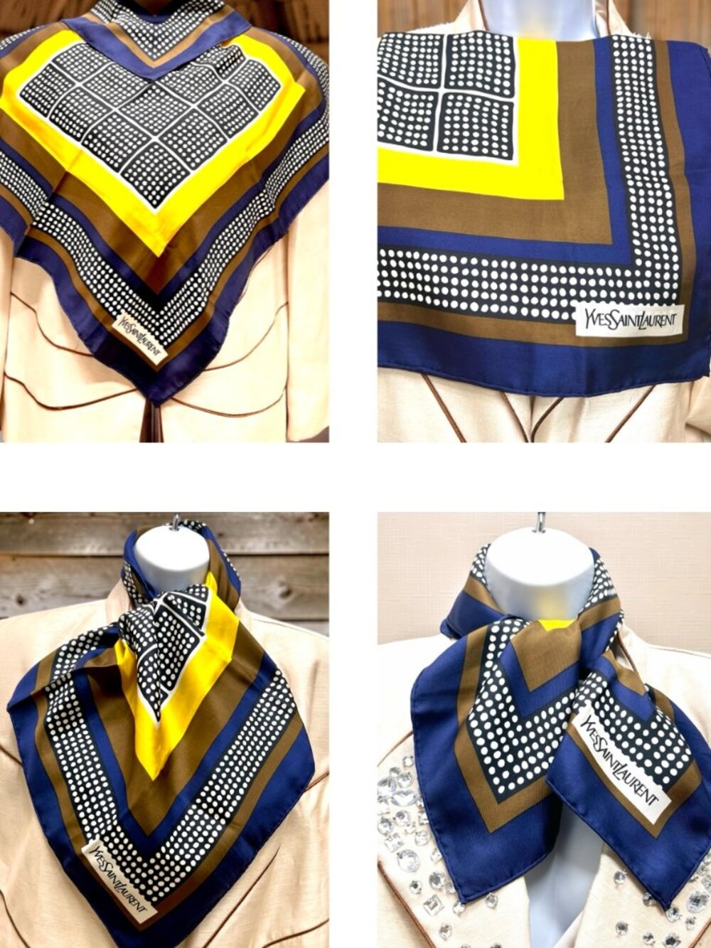 Unused -Yves Saint Laurent  Silk  Satin Scarf 23" Yellow Blue Black dots (32